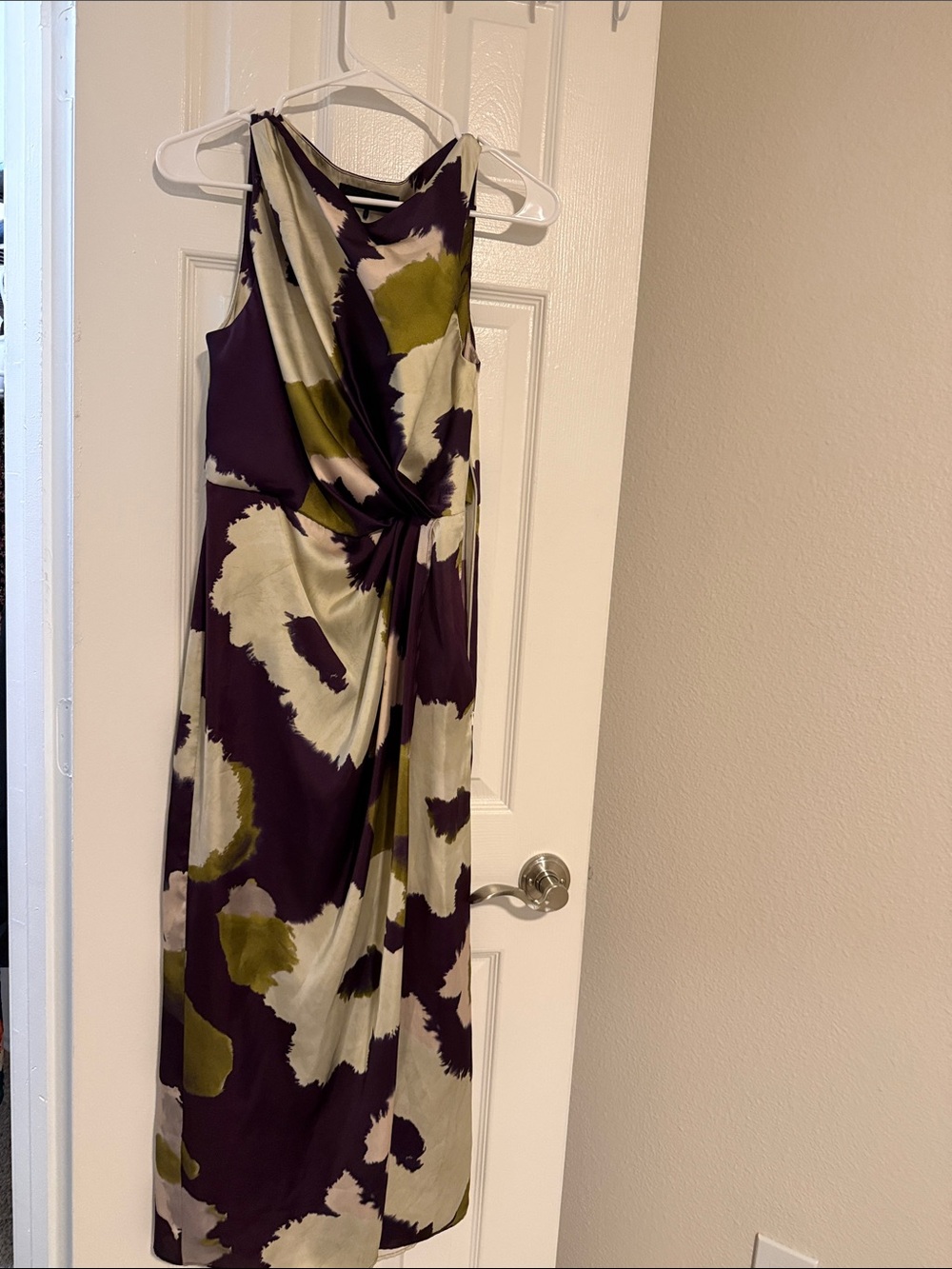 Zara Purple, Olive & Cream Printed Twist-Front Maxi Dress